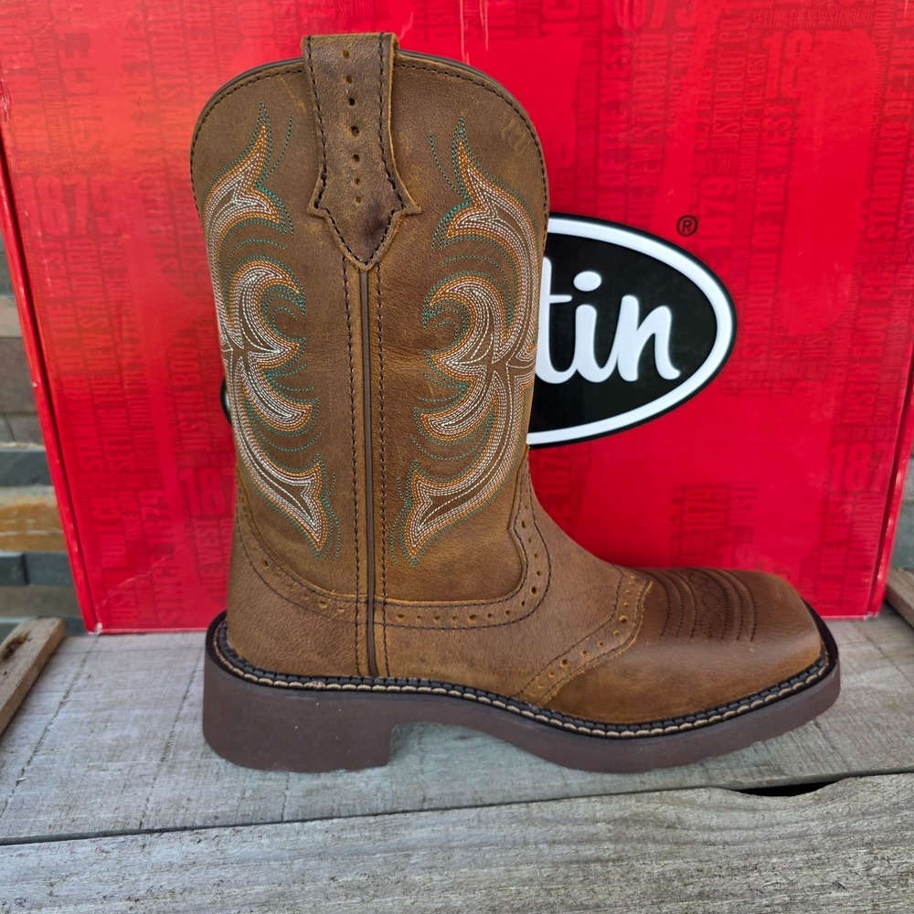 Justin Boots INJI Brown Water Buffalo Wide Square Toe Boots Size 6.5B GY9984 NEW - Picture 14 of 16